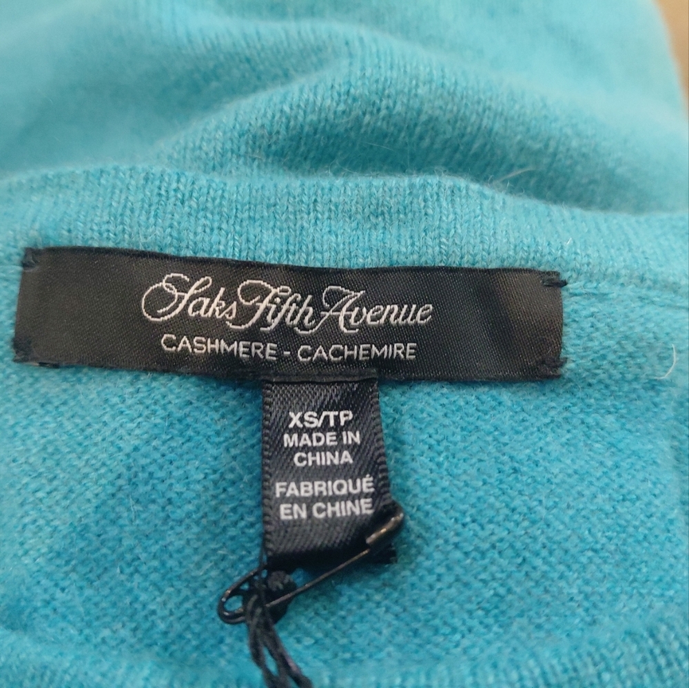 Saks Fifth Avenue Turquoise Long Sleeve Tee Sz Xs 100% Cashmere - Picture 3 of 8